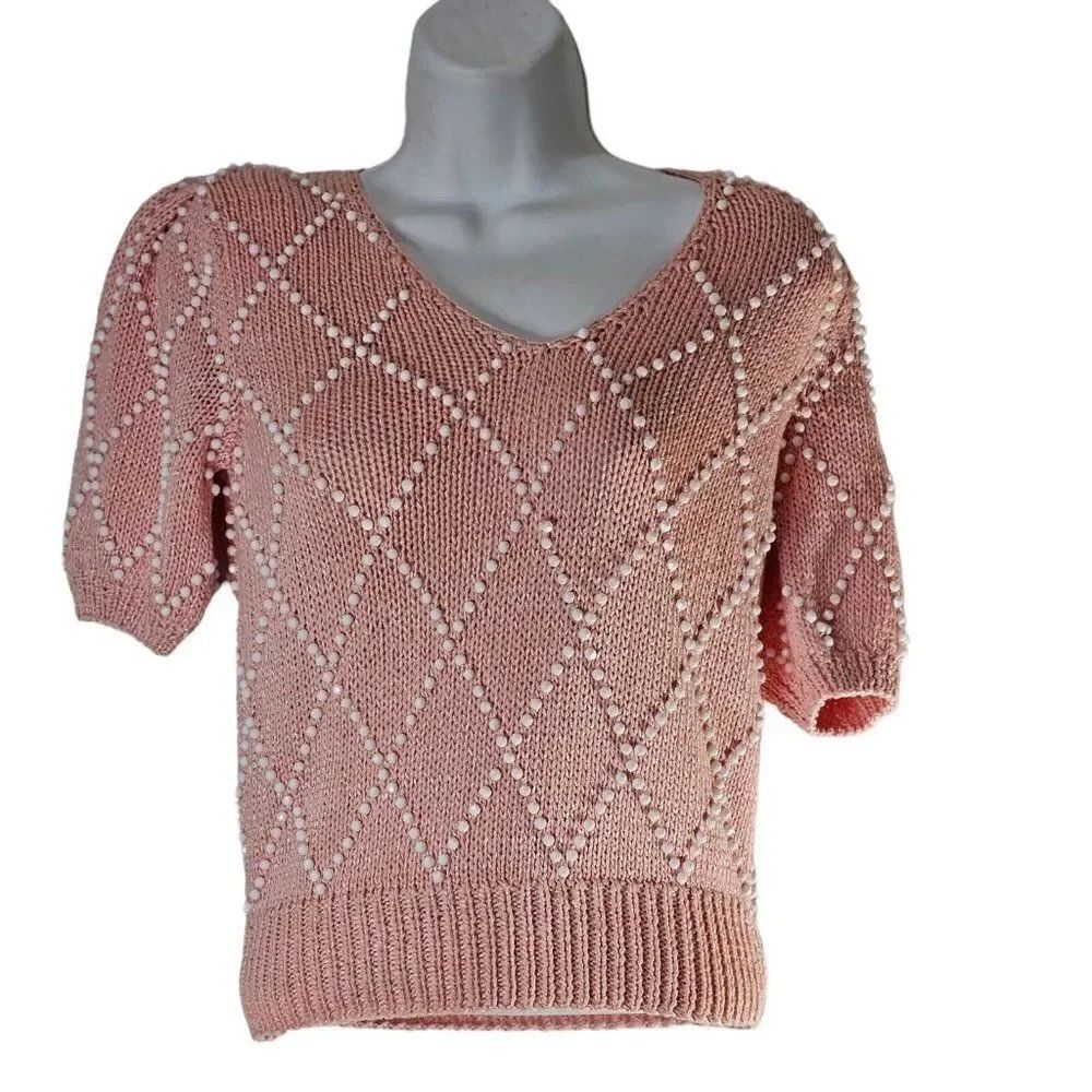 Vintage 80s Lillie Rubin Sweater Womens Size Small Pink White Beads Faux Pearls